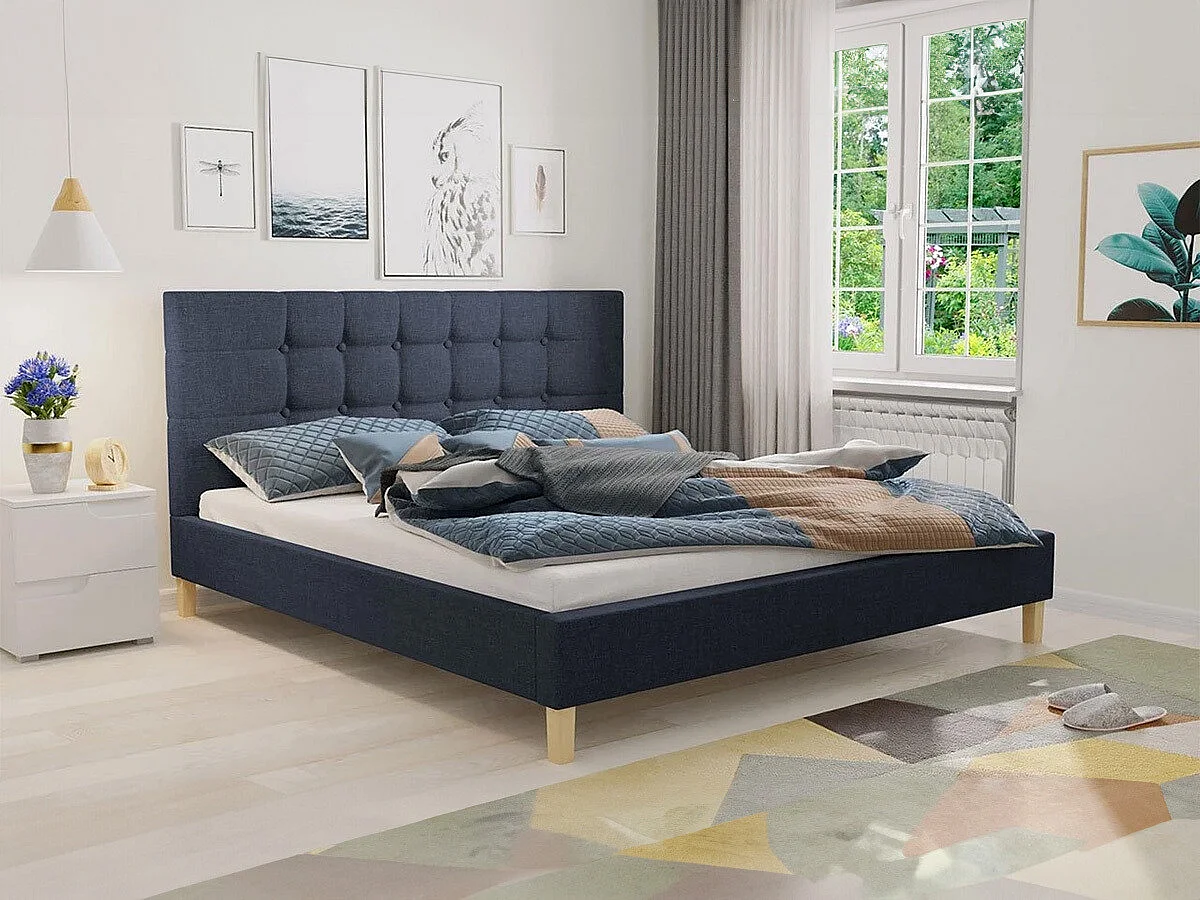 Lit ComfiDream 109, Double, Bleu, 180x200, Tapisserie, Sommier à lattes, 187x215x100cm