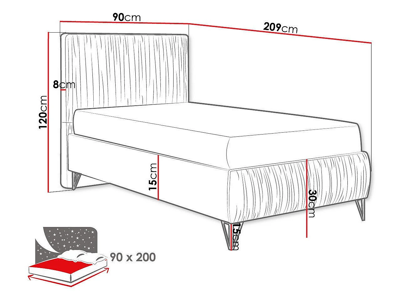 Cama Logan 112, Individuales, Gris claro, Tapiz, Somieres, 9x21x12cm