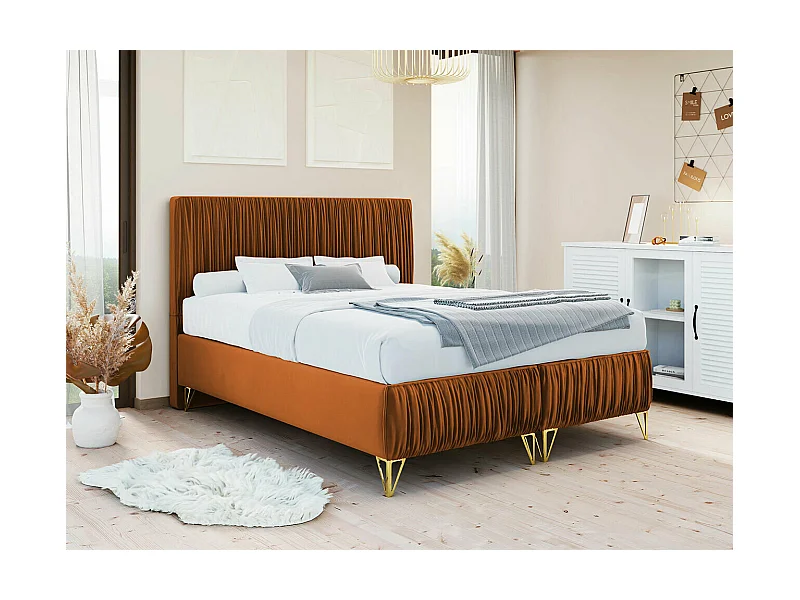 Lit continental Logan 112, Double, Marron, 180x200, Tapisserie, Sommier à lattes, 180cm