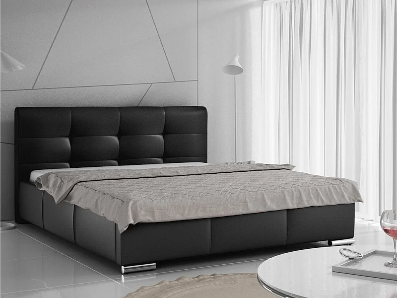 Cama Baltimore 108, Doble, Negro, 160x200, Cuero ecológico, Somieres, 178x222x100cm
