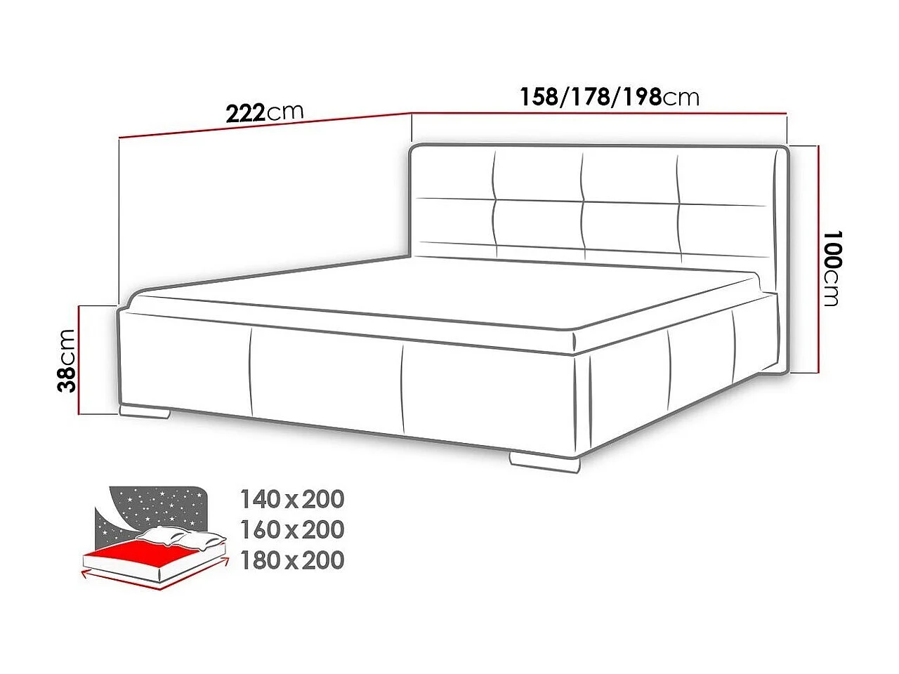 Cama Baltimore 108, Doble, Negro, 160x200, Cuero ecológico, Somieres, 178x222x100cm
