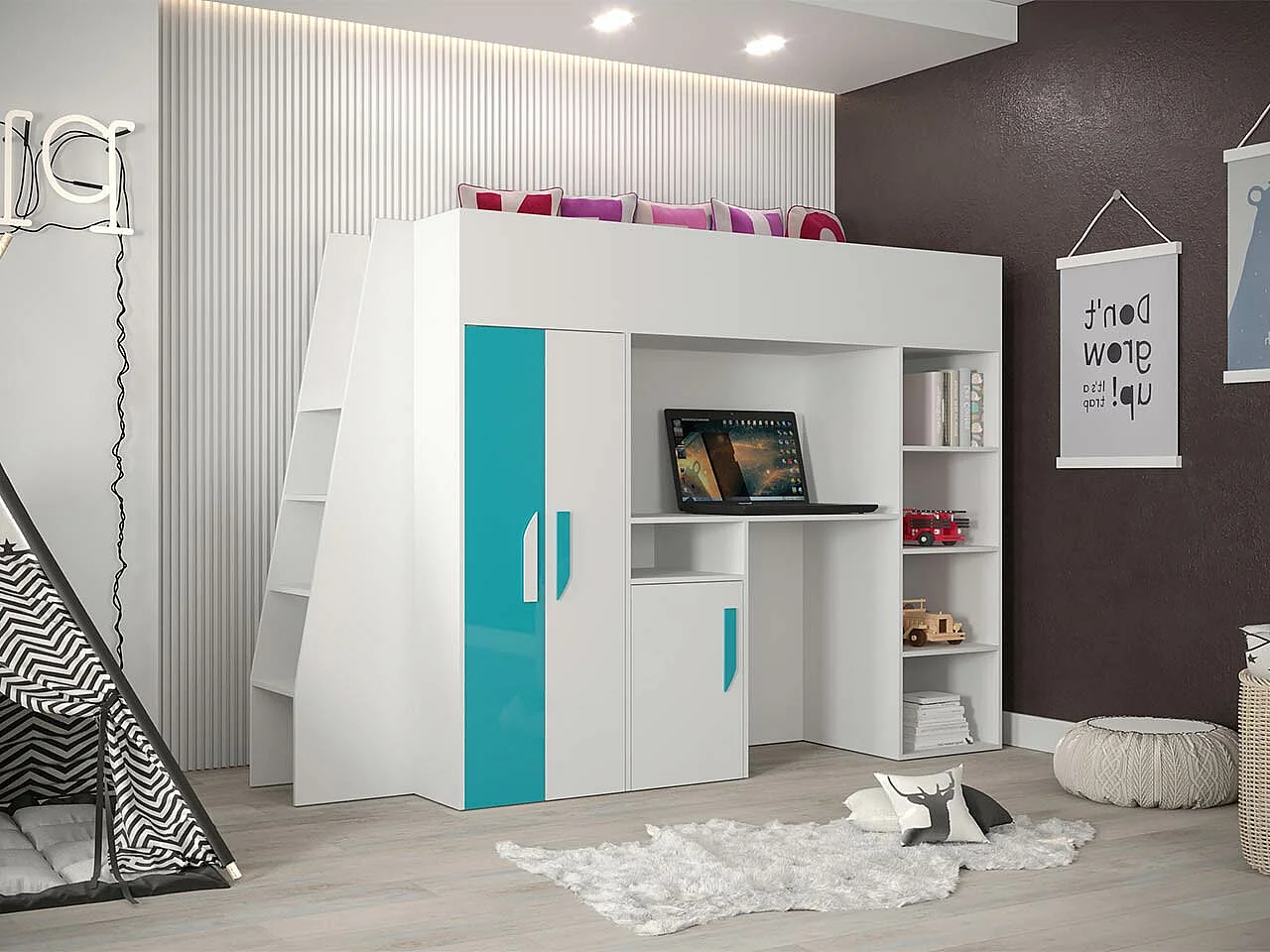 Lit haut Hartford 355, Unique, Blanc, 90x200, Stratifié, Sommier à lattes, 94x230x165cm