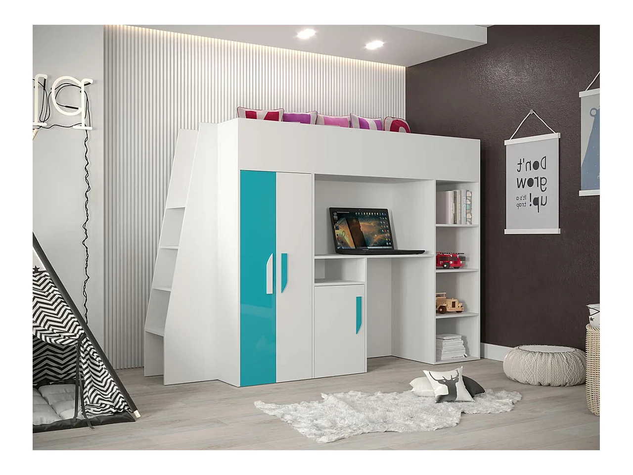Lit haut Hartford 355, Unique, Blanc, 90x200, Stratifié, Sommier à lattes, 94x230x165cm