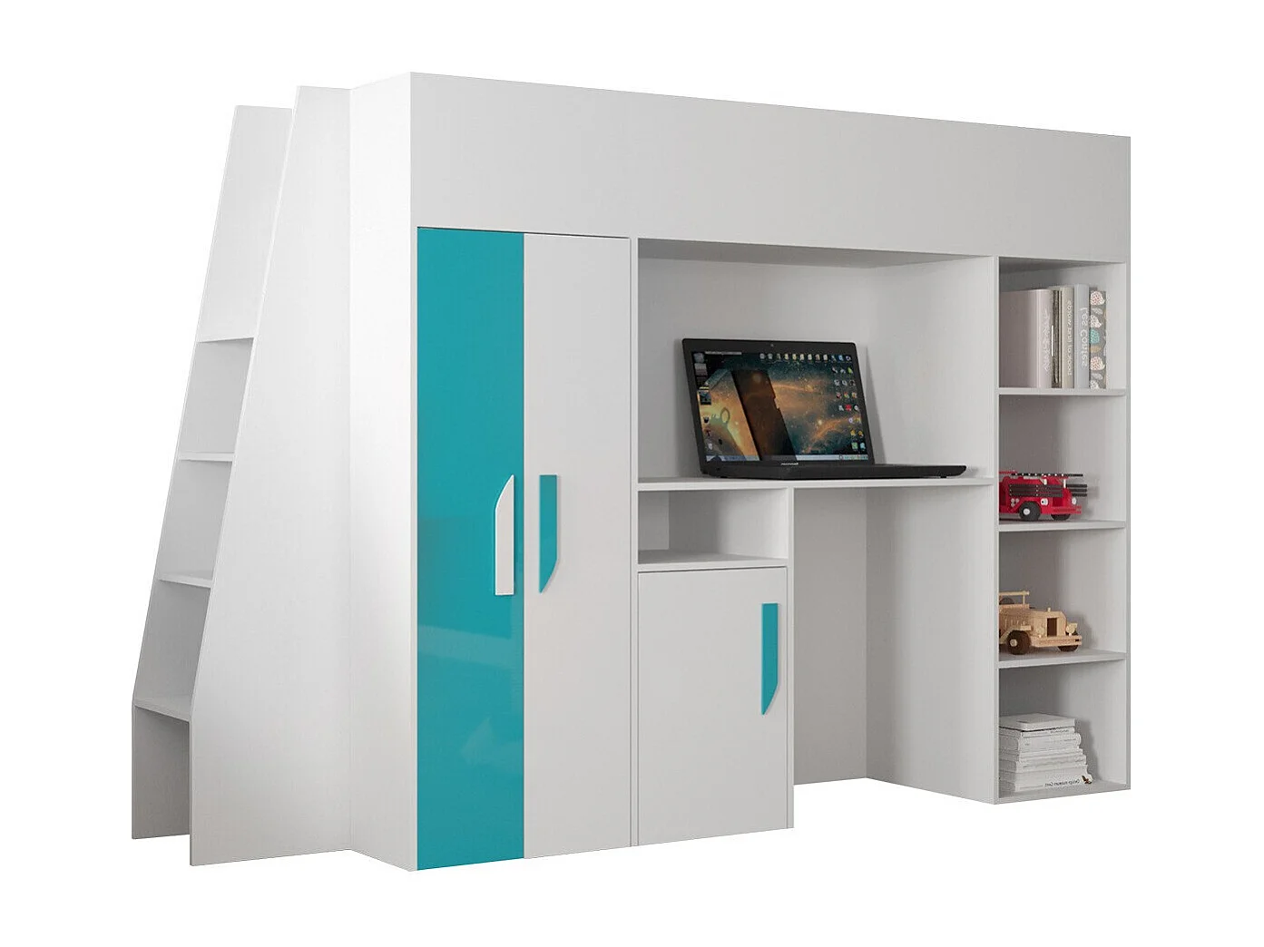 Lit haut Hartford 355, Unique, Blanc, 90x200, Stratifié, Sommier à lattes, 94x230x165cm