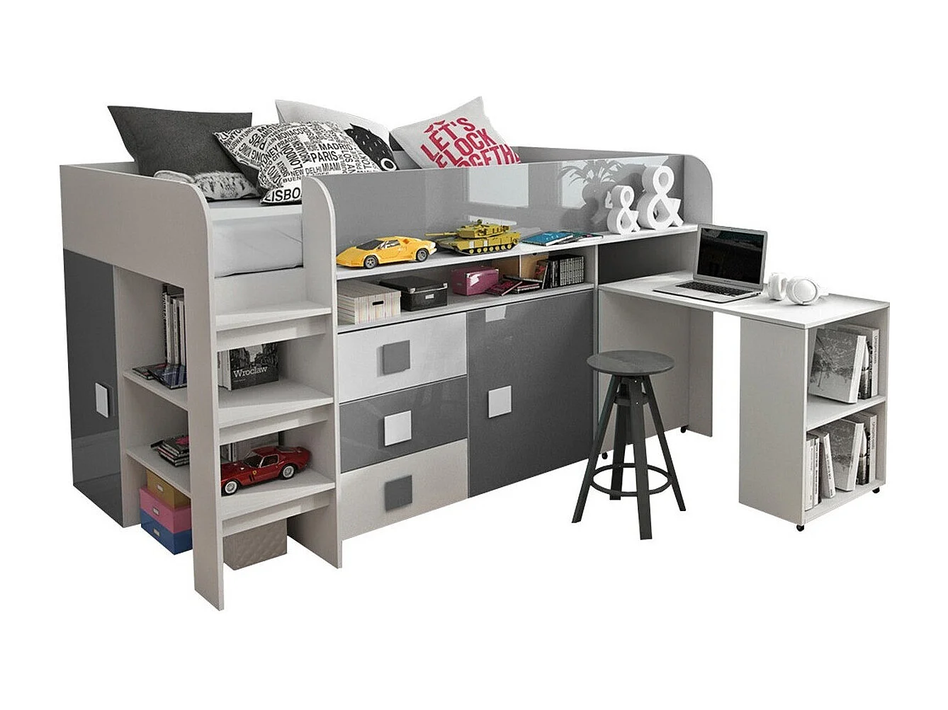 Cama Hartford 190, Individuales, Gris, 90x200, Aglomerado laminado, Somieres, 107x204cm