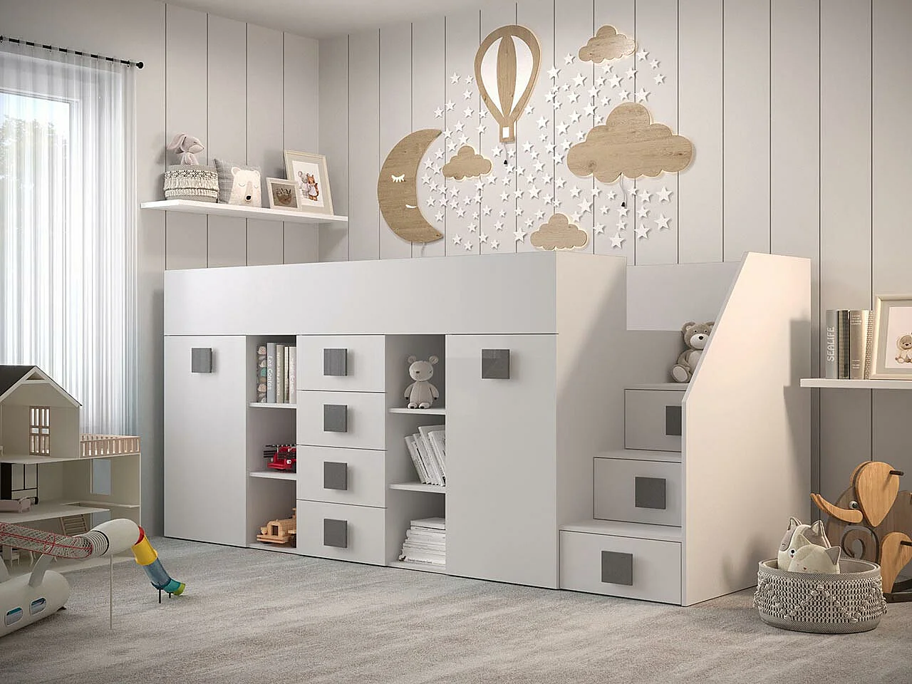 Lit haut Hartford 366, Unique, Blanc, 90x200, Stratifié, Sommier à lattes, 94x249x124cm