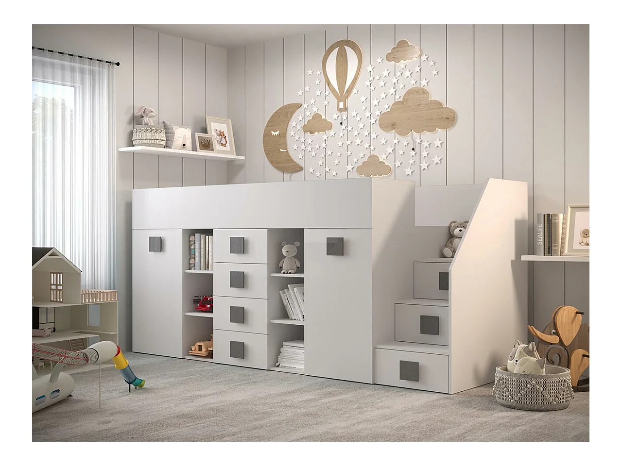 Letto alto Hartford 366, Singolo, Bianco, 90x200, Truciolare laminato, Reti a doghe, 94cm
