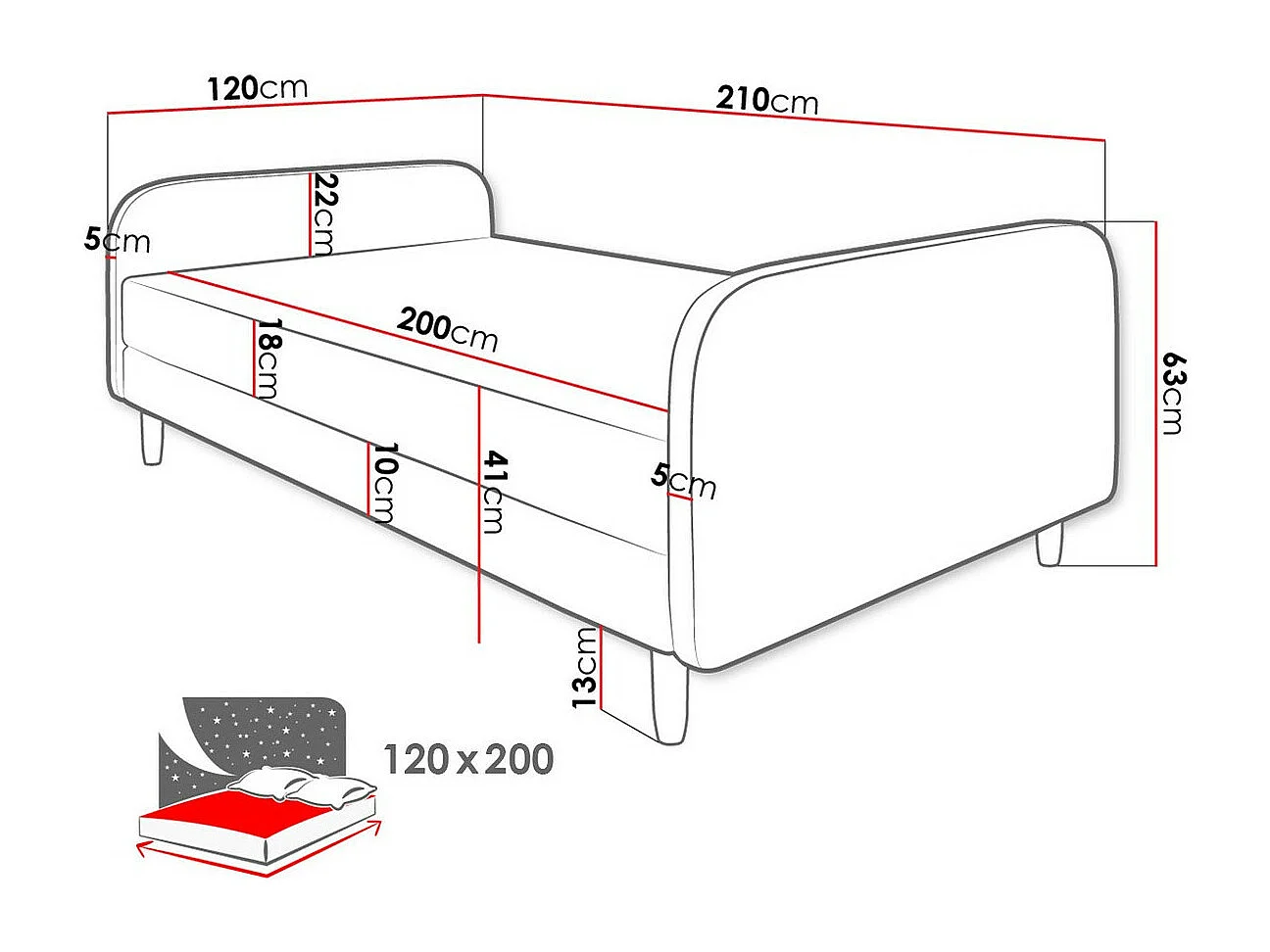 Cama Memphis 125, Solteiro, Preto, Tecido, Estrados de cama, 12x21x6cm