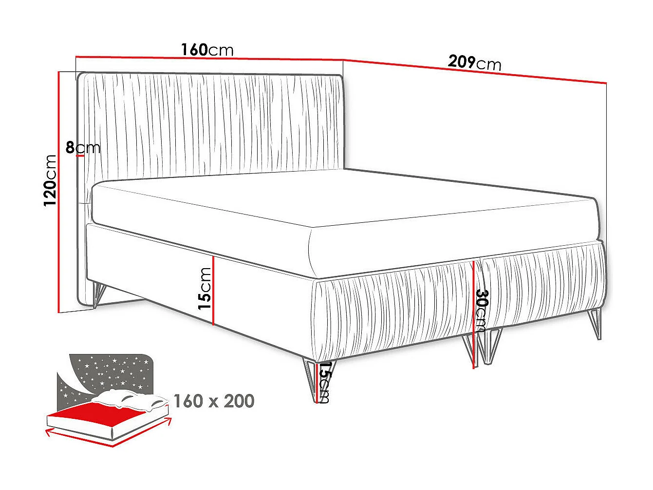 Lit continental Logan 112, Double, Marron, 160x200, Tissu, Disponible, 160x209x120cm
