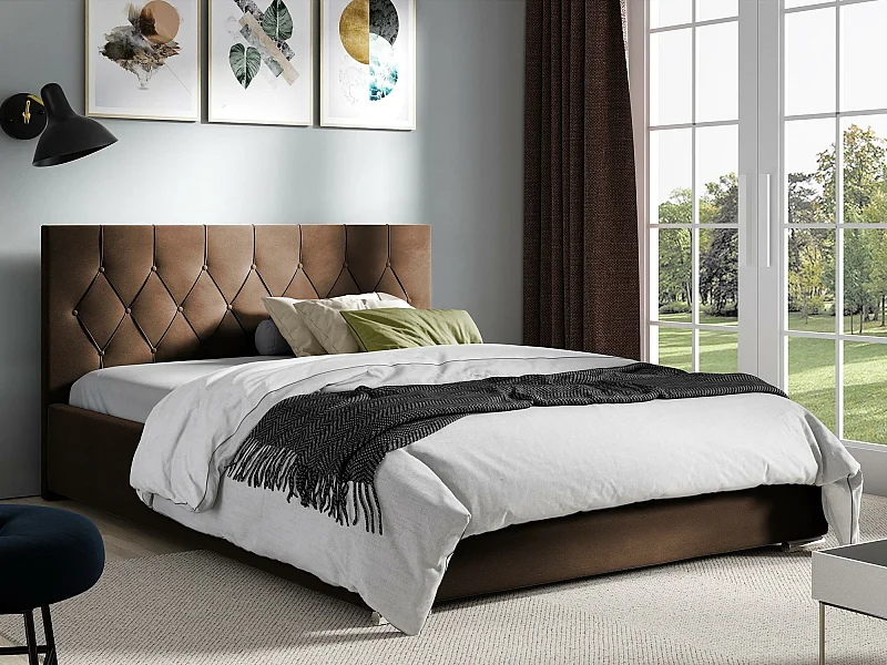 Cama Baltimore 160, Doble, Marrón, 200x200, Tapiz, Somieres, 218x222x92cm