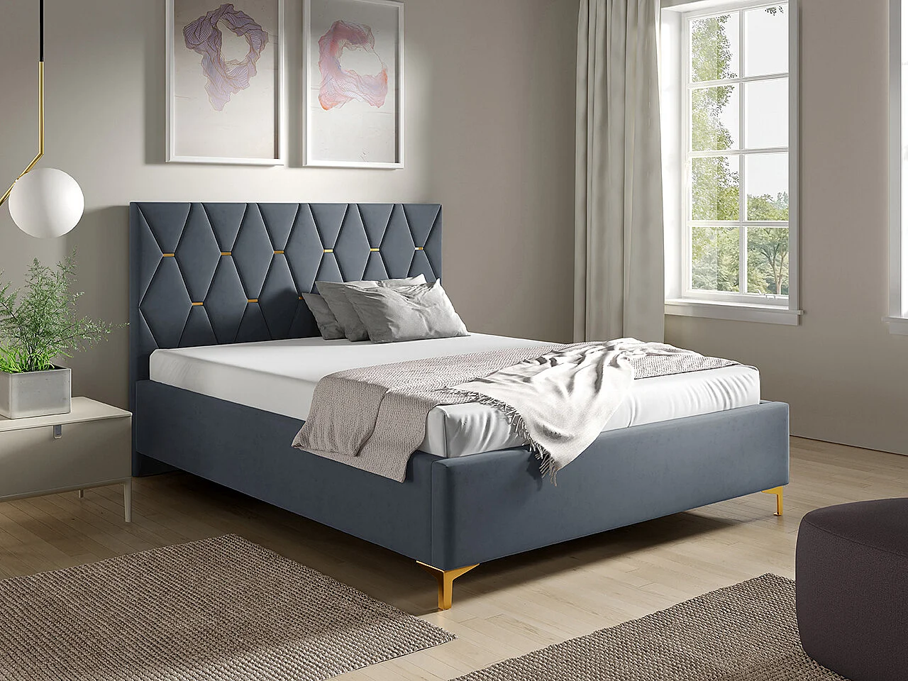 Cama Baltimore 192, Doble, Gris, 180x200, Tapiz, Somieres, 198x222x122cm