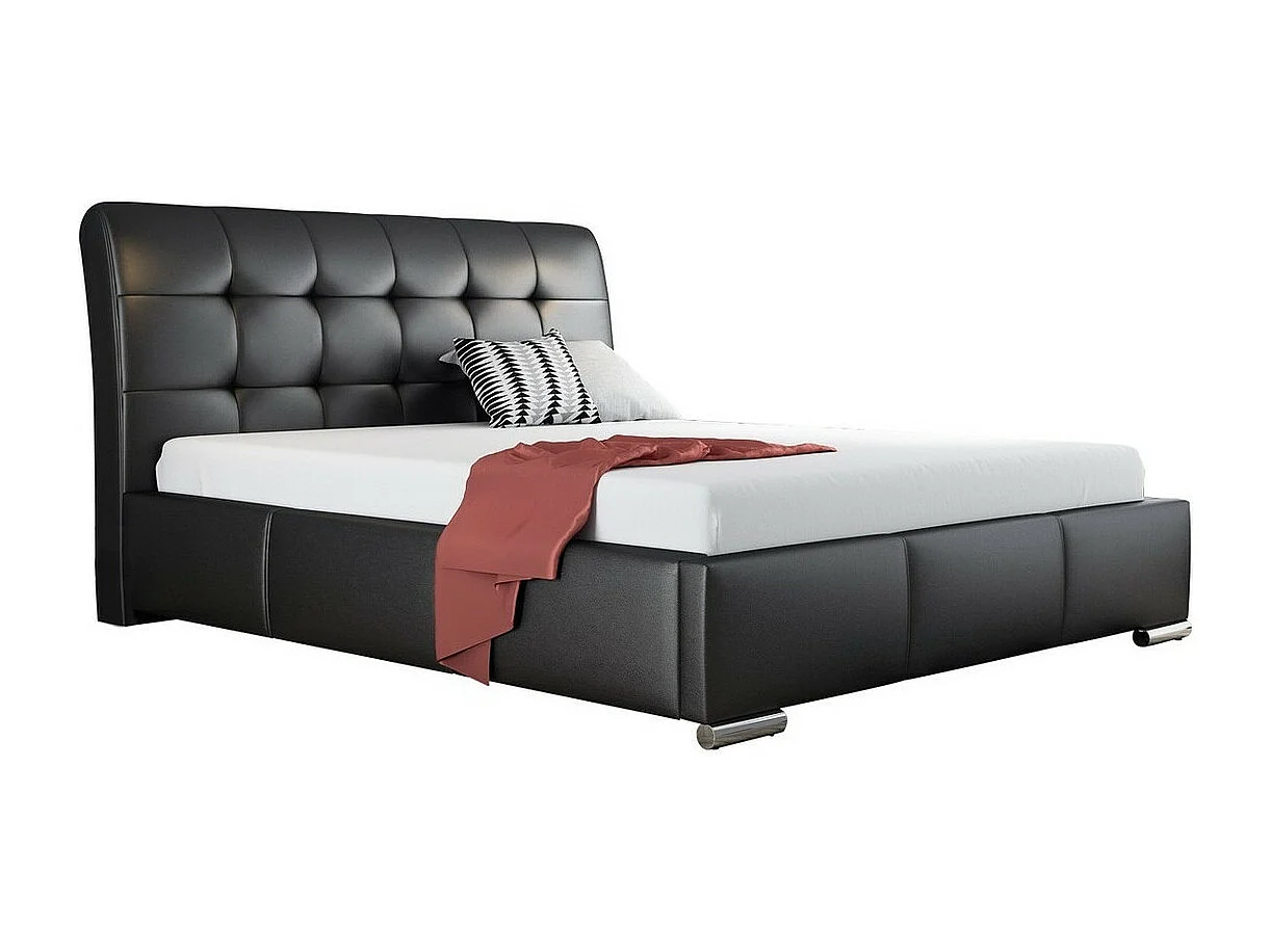 Lit Baltimore 107, Double, Noir, 160x200, Faux cuir, Sommier à lattes, 180x227x103cm