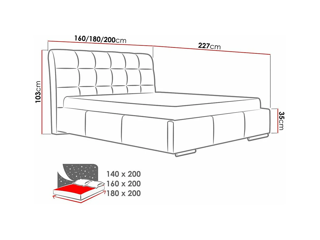 Lit Baltimore 107, Double, Noir, 160x200, Faux cuir, Sommier à lattes, 180x227x103cm