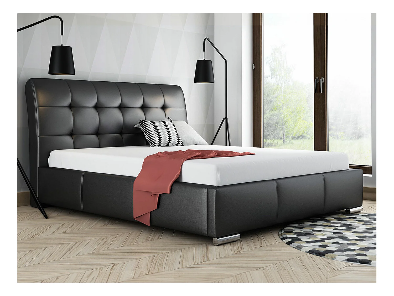 Lit Baltimore 107, Double, Noir, 160x200, Faux cuir, Sommier à lattes, 180x227x103cm