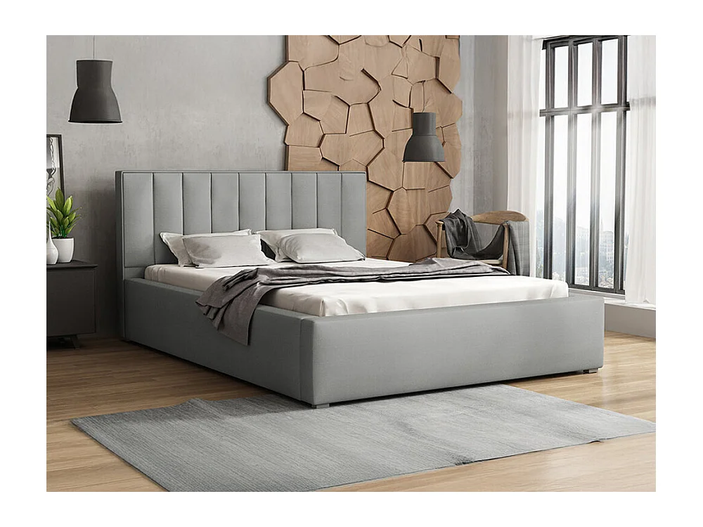 Lit Pomona 109, Double, Gris, 180x200, Tapisserie, Sommier à lattes, 200x223x93cm