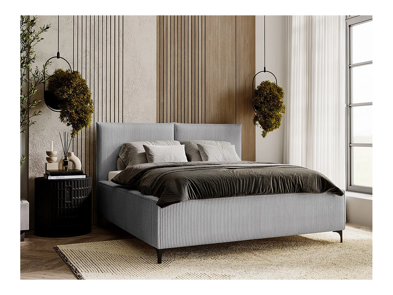 Cama Clovis 113, Casal, Cinzento, Tecido, Estrados de cama, 16x21x11cm