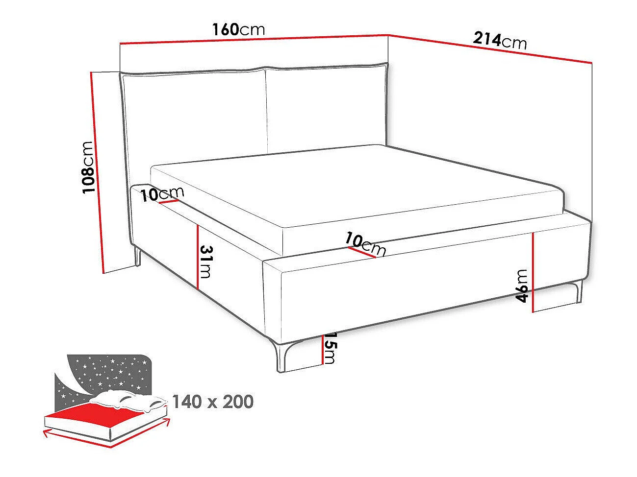 Cama Clovis 113, Doble, Gris claro, Tapiz, Somieres, 16x21x11cm