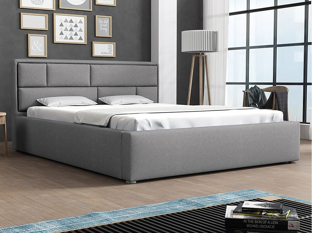 Lit Pomona 105, Unique, Gris, 120x200, Tissu, Disponible, 140x223x93cm