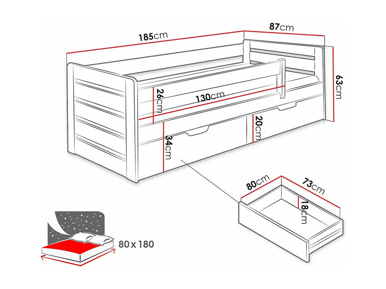 Cama Henderson 135, Individuales, Blanco, 80x180, Madera, Somieres, 87x185x63cm
