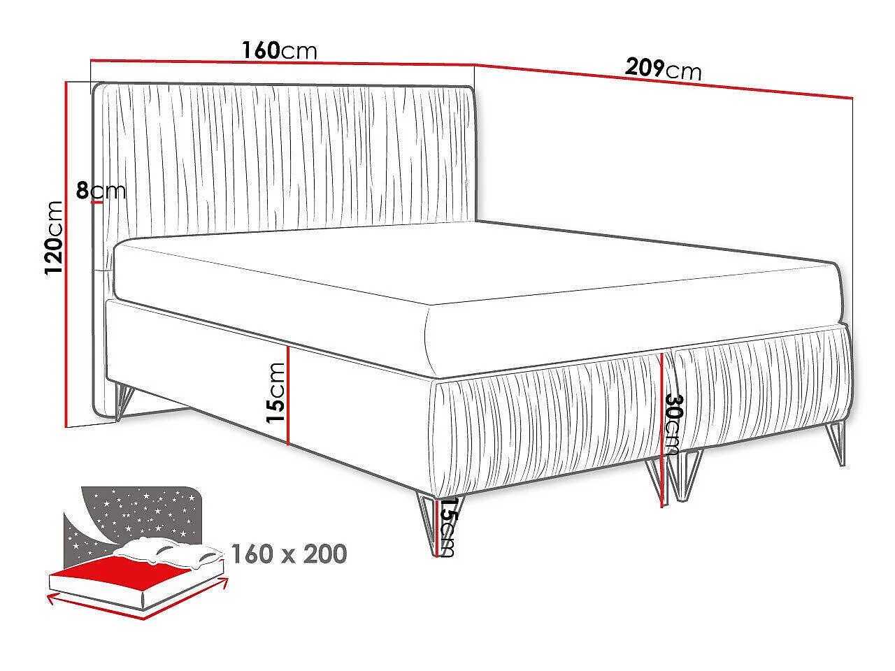 Lit Logan 112, Double, Gris foncé, Tissu, Disponible, 16x21x12cm