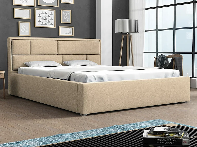 Cama Pomona 104, Individuales, De color marrón claro, 120x200, Tapiz, Somieres, 140x223cm