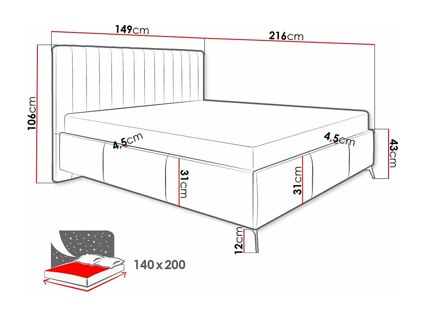 Lit ComfiDream 173, Double, Brun clair, 140x200, Tissu, Disponible, 149x216x106cm