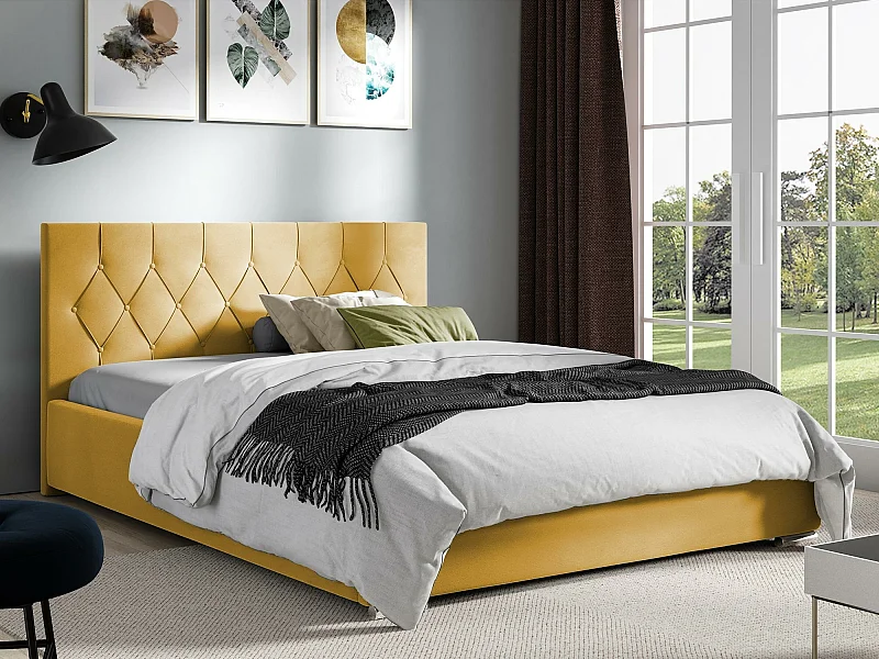 Cama Baltimore 160, Doble, Amarillo, 200x200, Tapiz, Somieres, 218x222x92cm