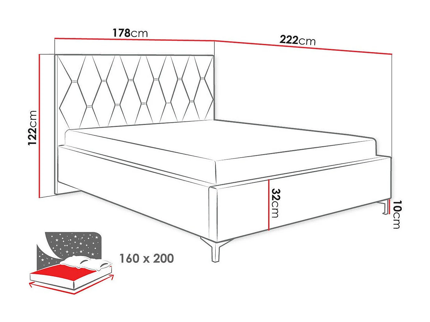 Cama Baltimore 192, Doble, Rosa, 160x200, Tapiz, Somieres, 178x222x122cm