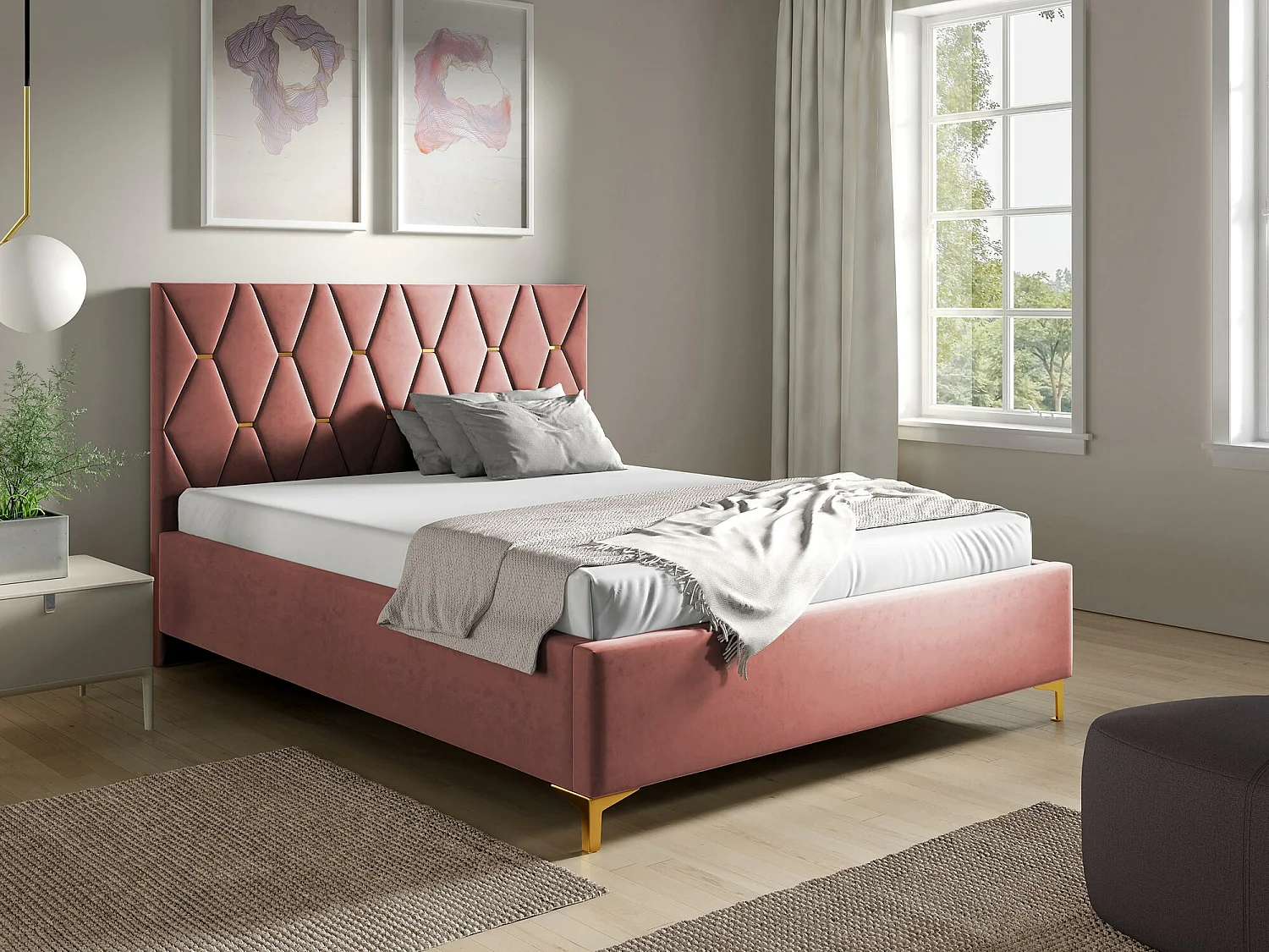Lit Baltimore 192, Double, Rose, 160x200, Tissu, Disponible, 178x222x122cm