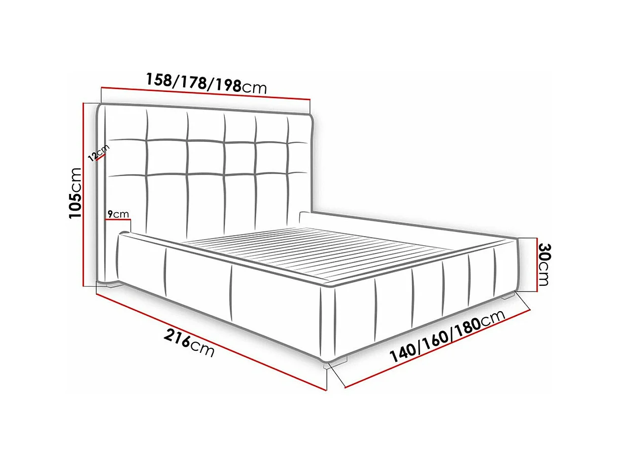 Lit Florence 100, Double, Noir, 180x200, Faux cuir, Sommier à lattes, 198x216x105cm