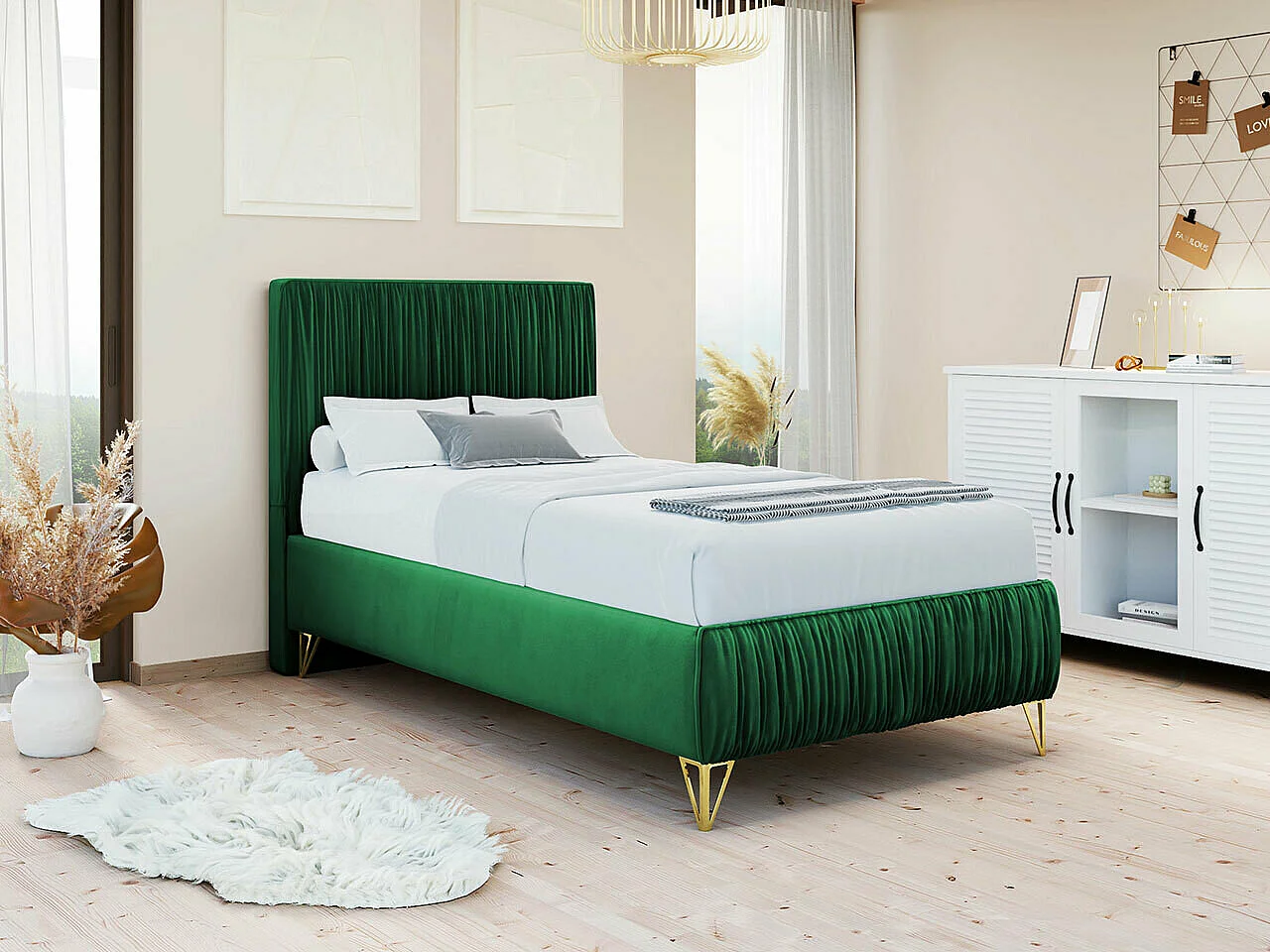 Cama Logan 112, Individuales, Verde, 90x200, Tapiz, Somieres, 90x209x120cm