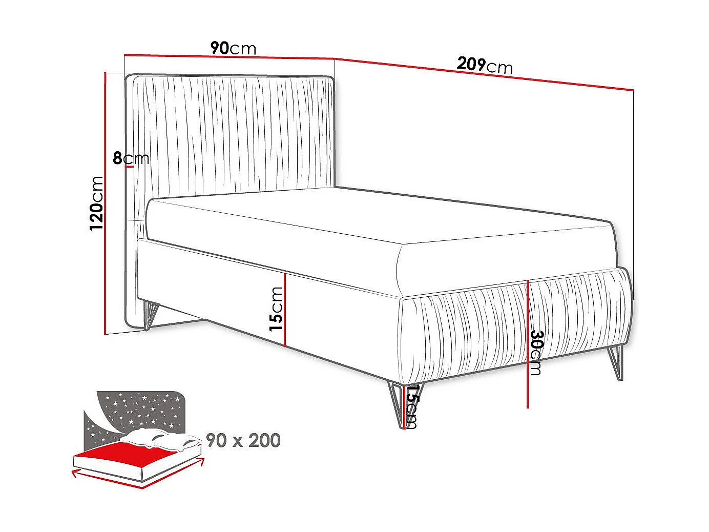 Cama Logan 112, Individuales, Verde, 90x200, Tapiz, Somieres, 90x209x120cm