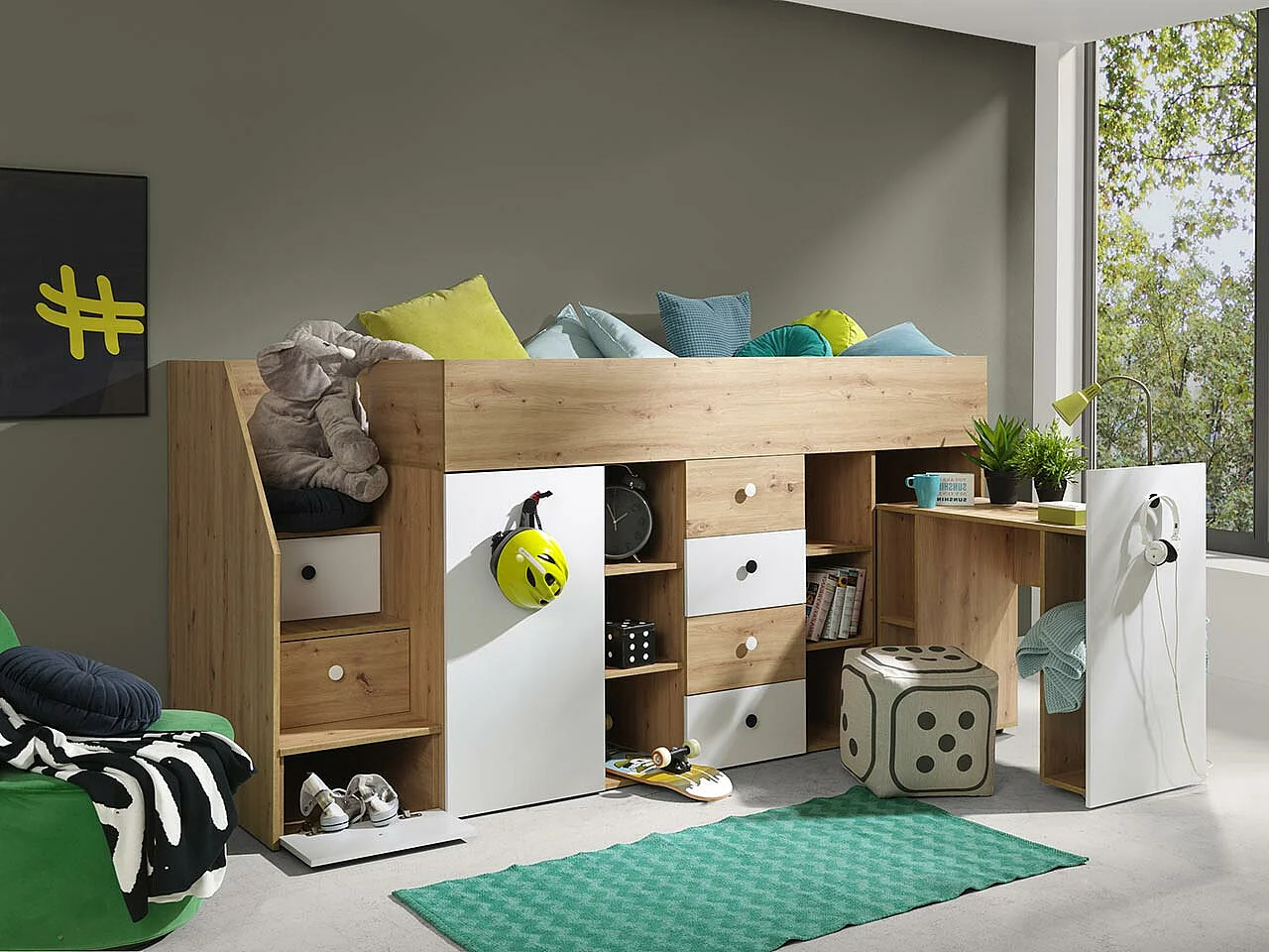 Cama alta Hartford 361, Individual, Castanho claro, Estrados de cama