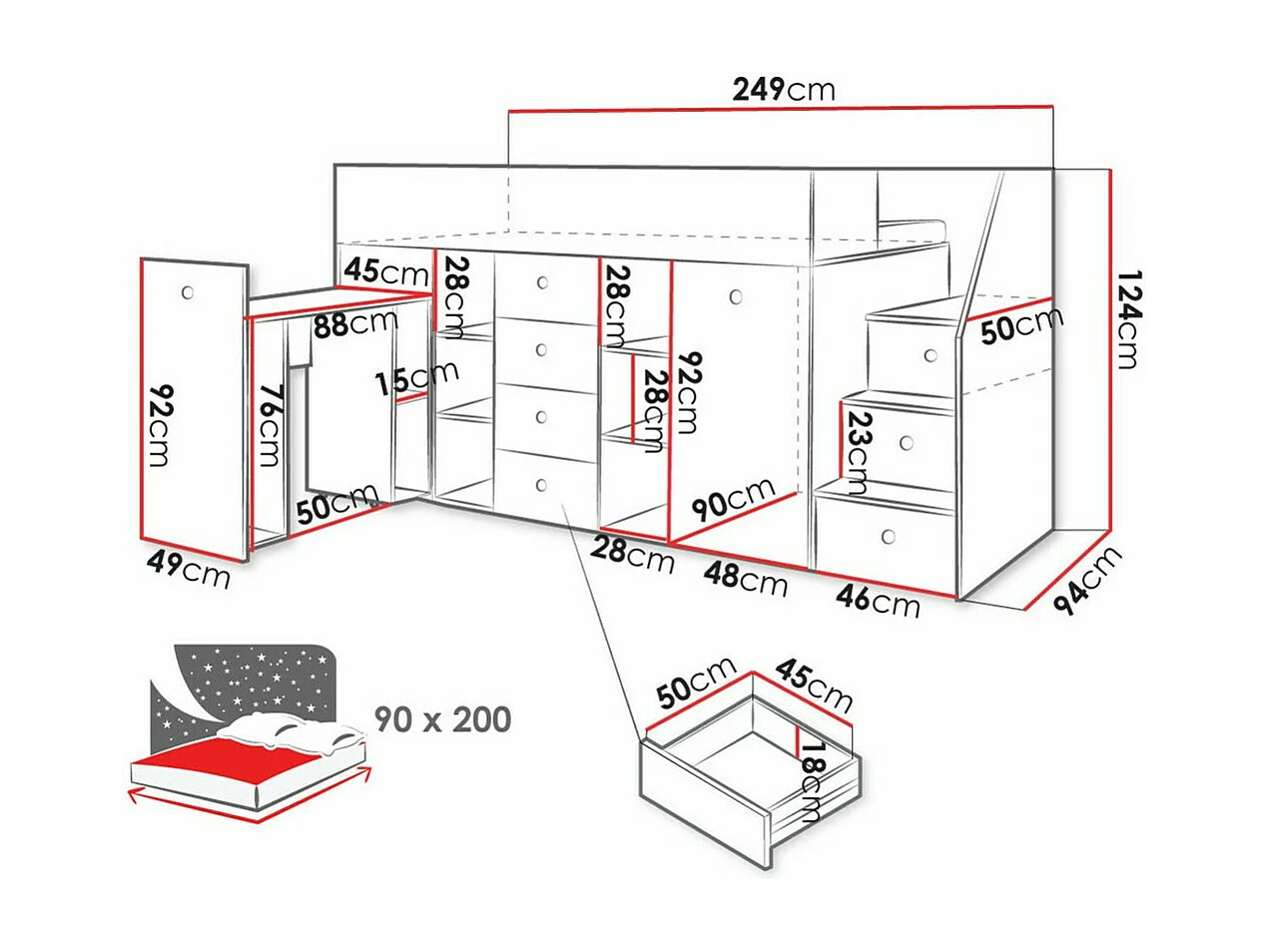 Cama alta Hartford 361, Individual, Castanho claro, Estrados de cama