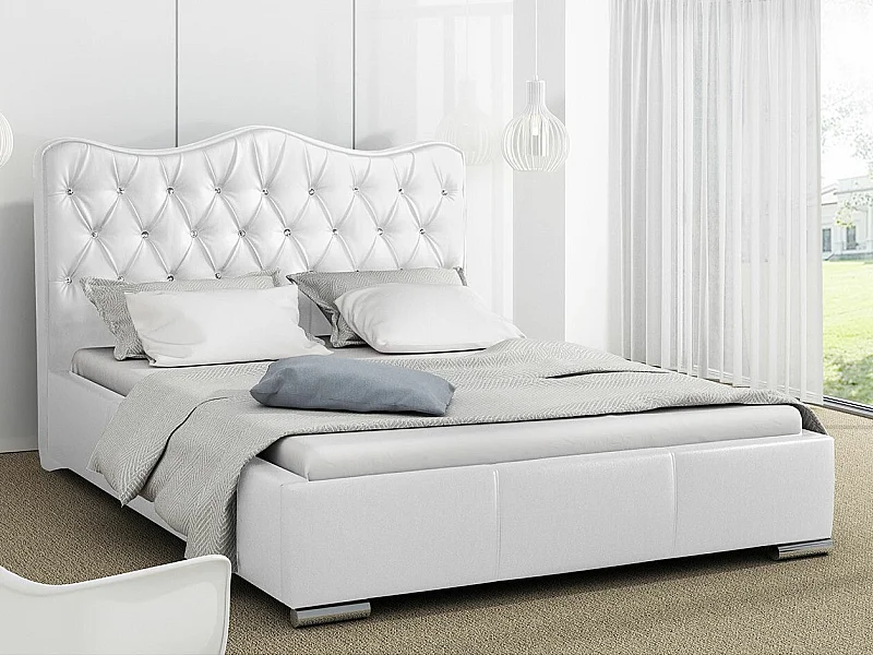 Cama Baltimore 141, Doble, Blanco, Cuero ecológico, Somieres, 200x218x100cm