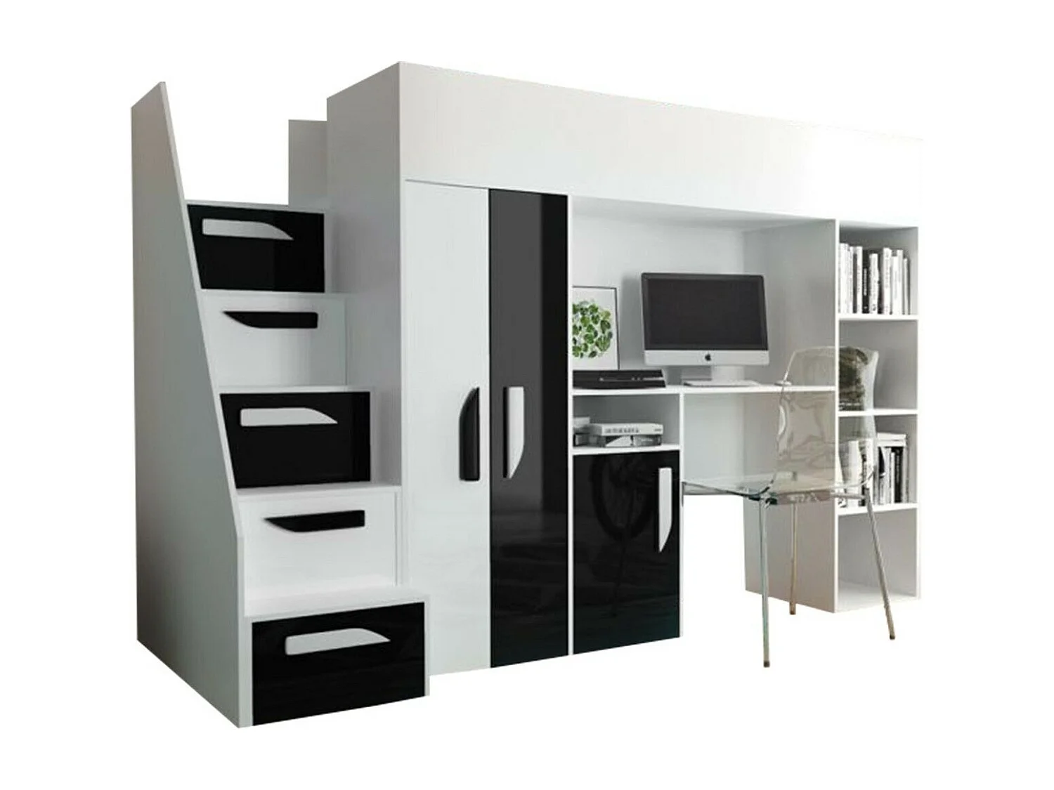 Lit haut Hartford 192, Unique, Blanc, 90x200, Stratifié, Sommier à lattes, 120x247x166cm