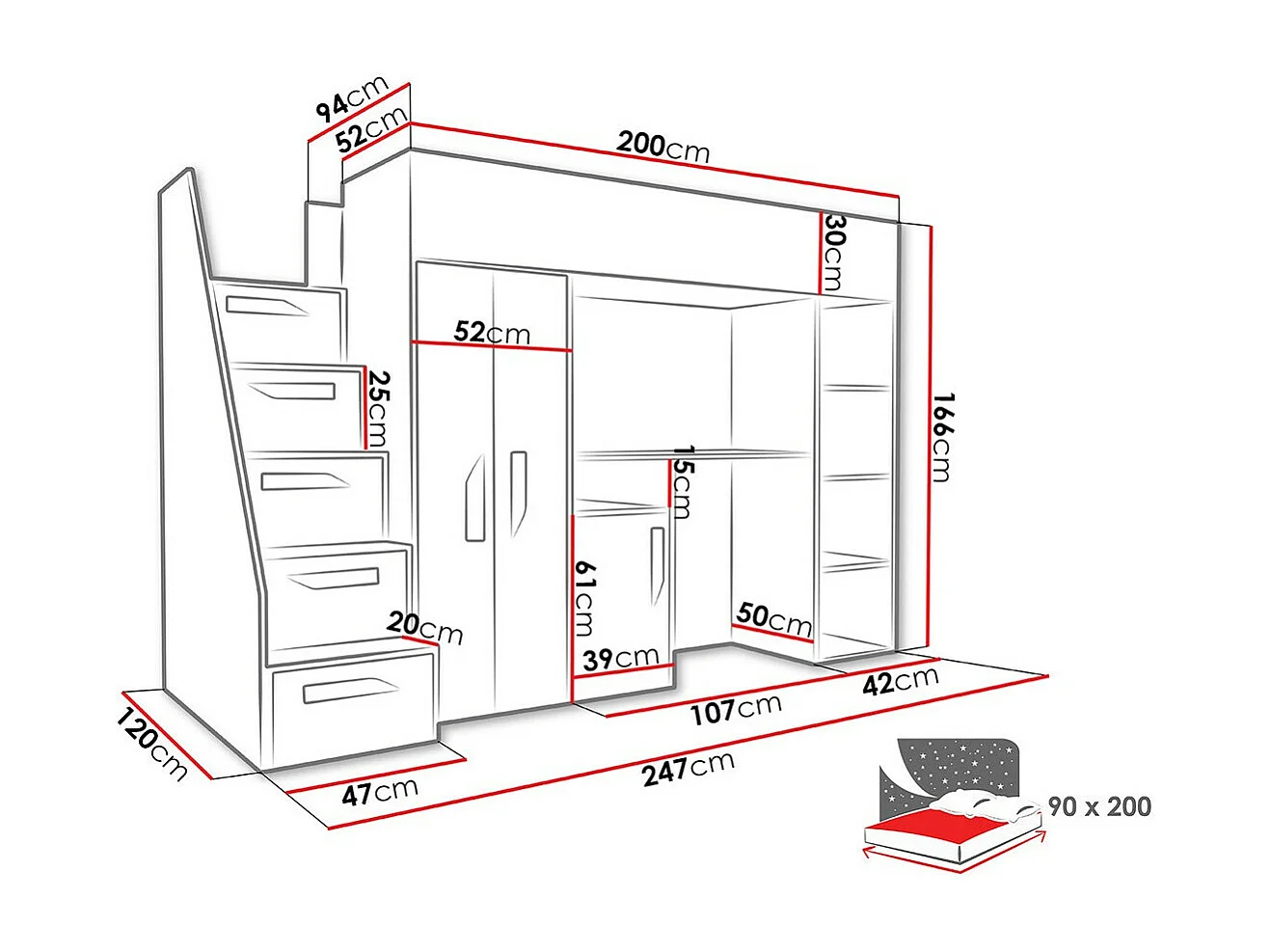 Lit haut Hartford 192, Unique, Blanc, 90x200, Stratifié, Sommier à lattes, 120x247x166cm