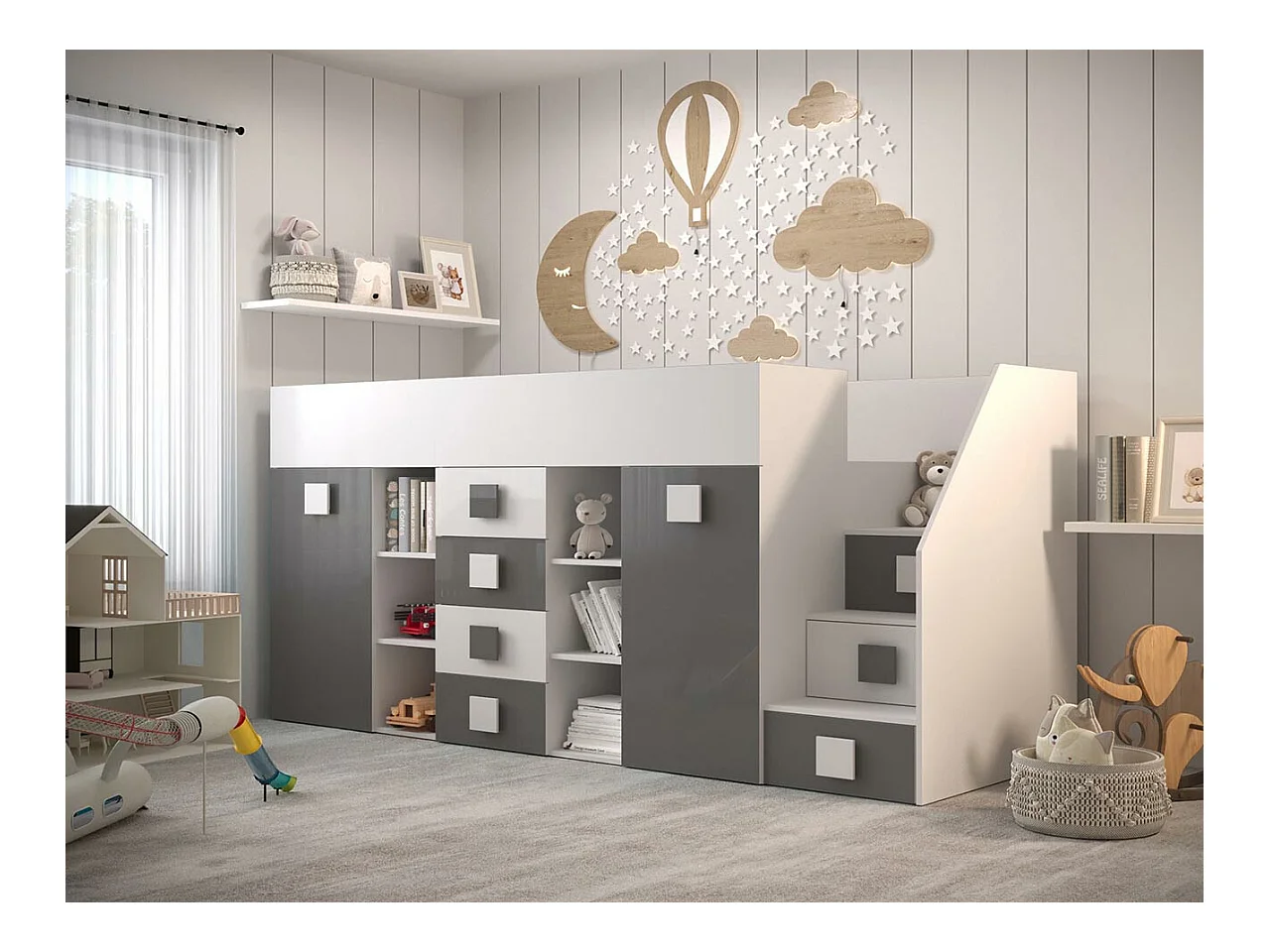 Lit haut Hartford 366, Unique, Gris, 90x200, Stratifié, Sommier à lattes, 94x249x124cm