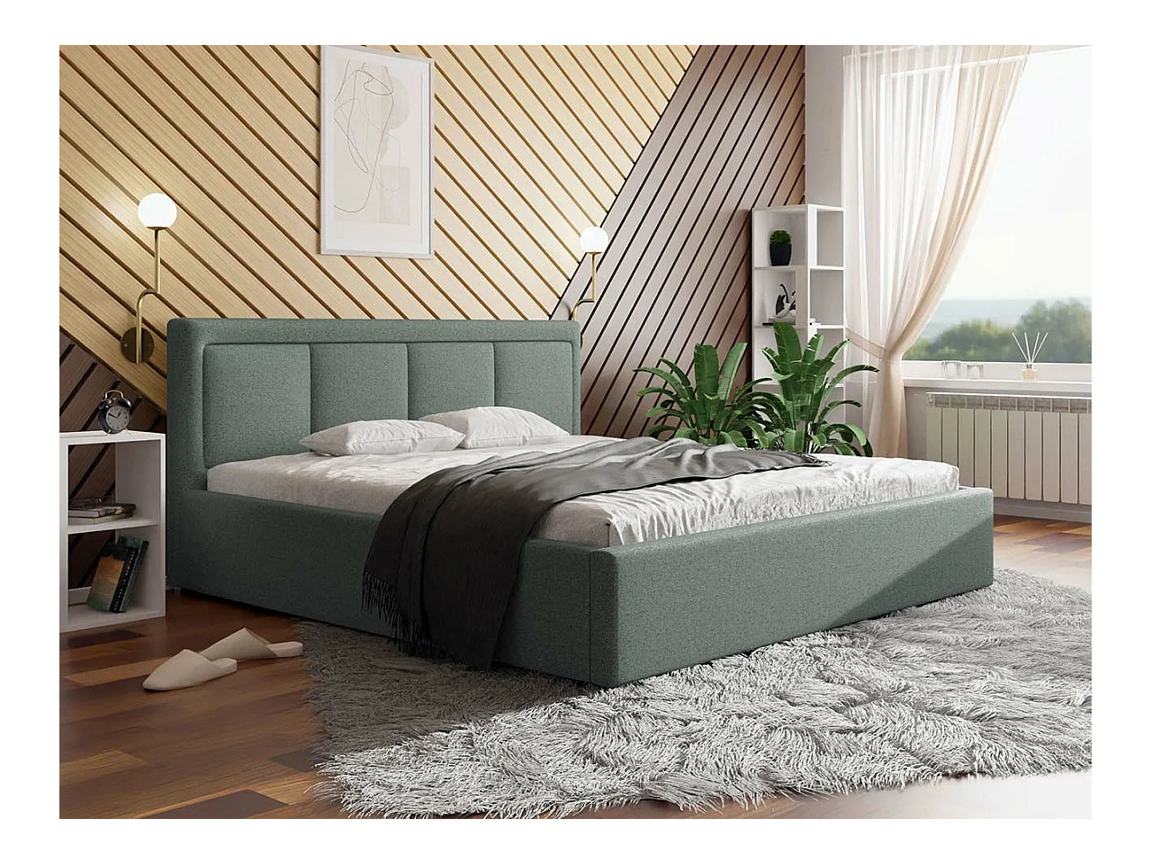 Lit Pomona 100, Double, Vert, 200x200, Tapisserie, Sommier à lattes, 220x223x93cm