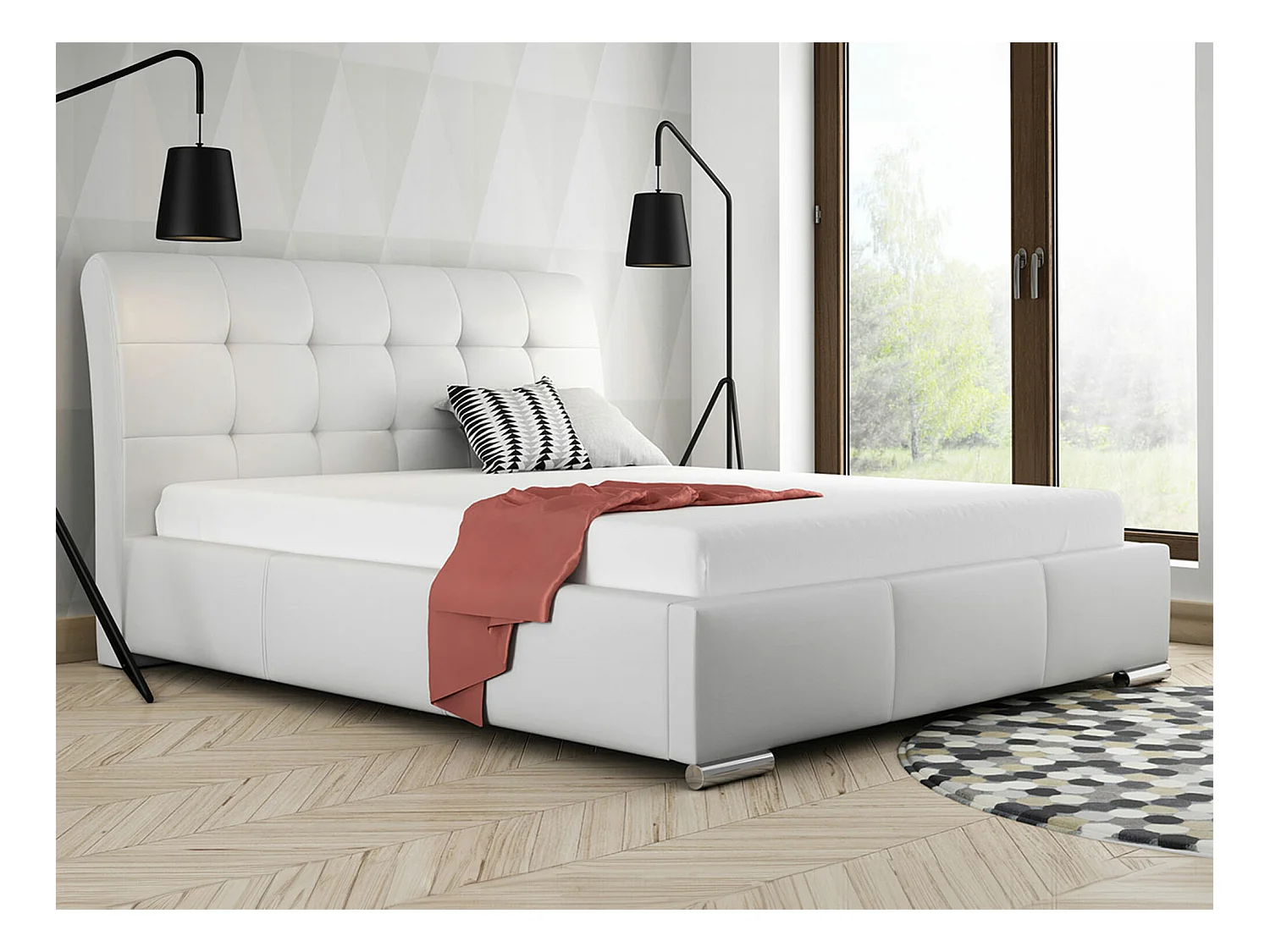 Cama Baltimore 107, Casal, Branco, Eco couro, Estrados de cama