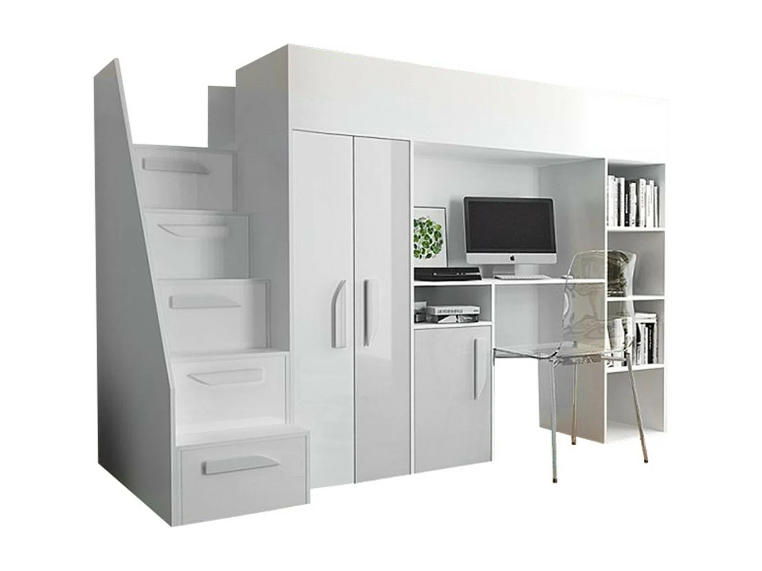 Letto alto Hartford 192, Singolo, Bianco, 90x200, Truciolare laminato, Reti a doghe,