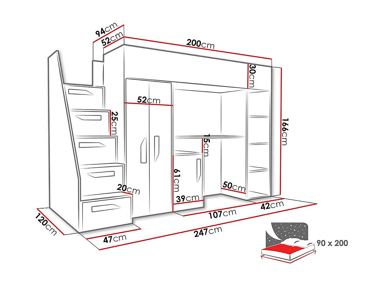 Letto alto Hartford 192, Singolo, Bianco, 90x200, Truciolare laminato, Reti a doghe,