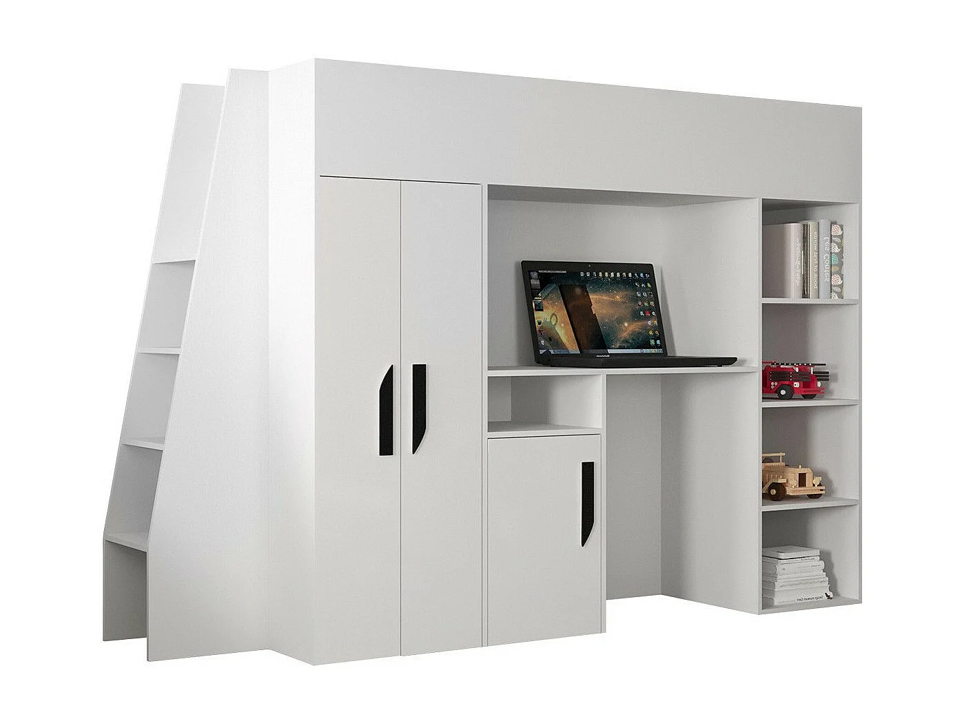 Lit haut Hartford 355, Unique, Blanc, 90x200, Stratifié, Sommier à lattes, 94x230x165cm