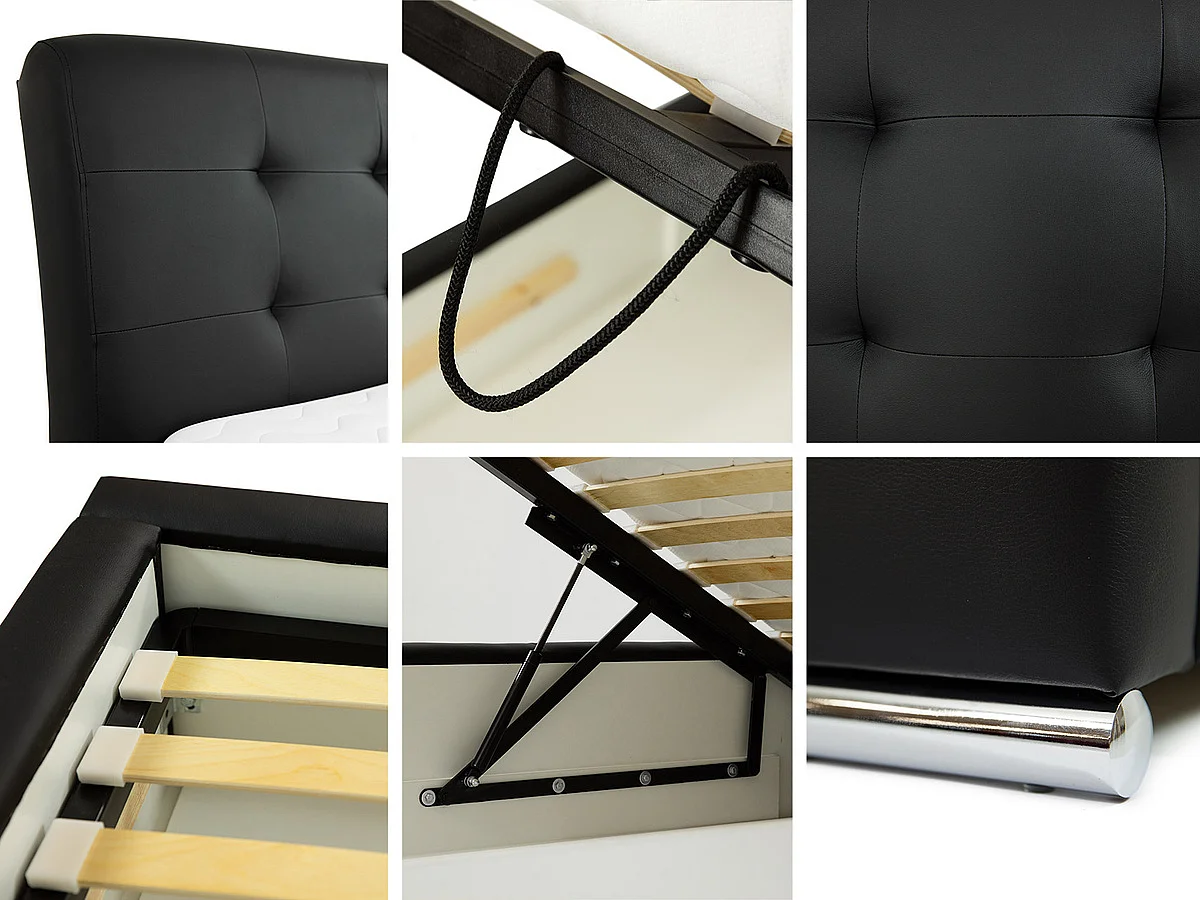 Cama Baltimore 107, Doble, Negro, 140x200, Cuero ecológico, Somieres, 160x227x103cm