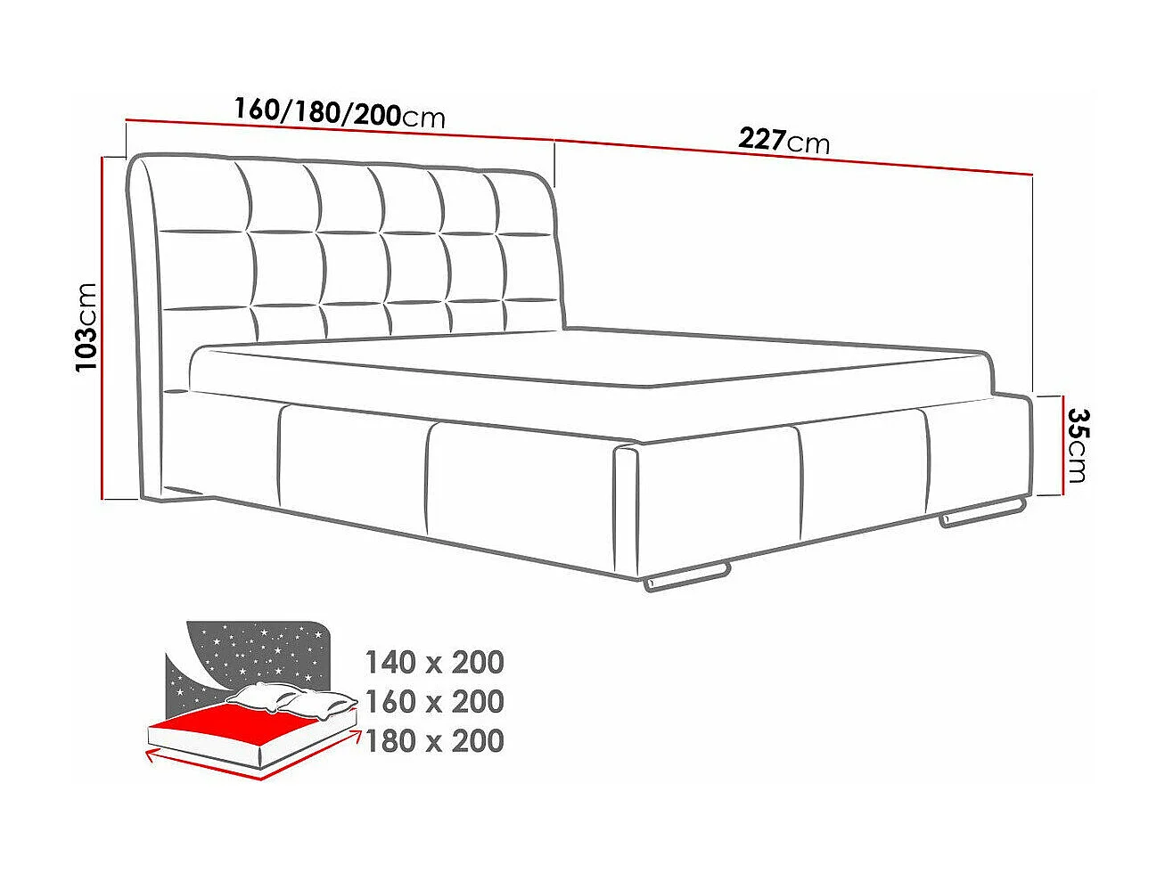 Cama Baltimore 107, Doble, Negro, 140x200, Cuero ecológico, Somieres, 160x227x103cm