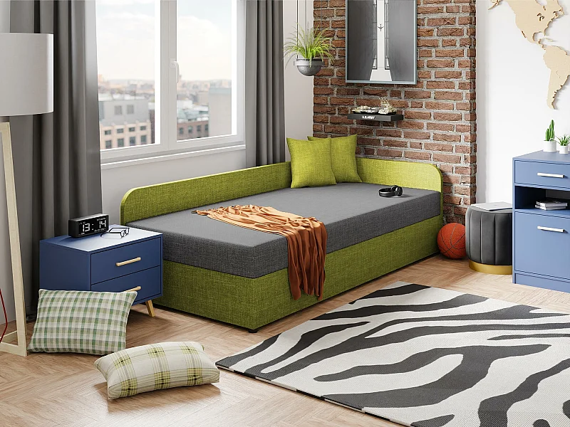 Lit Noma, Unique, Vert, 90x200, Tissu, Disponible, 95x205x60cm