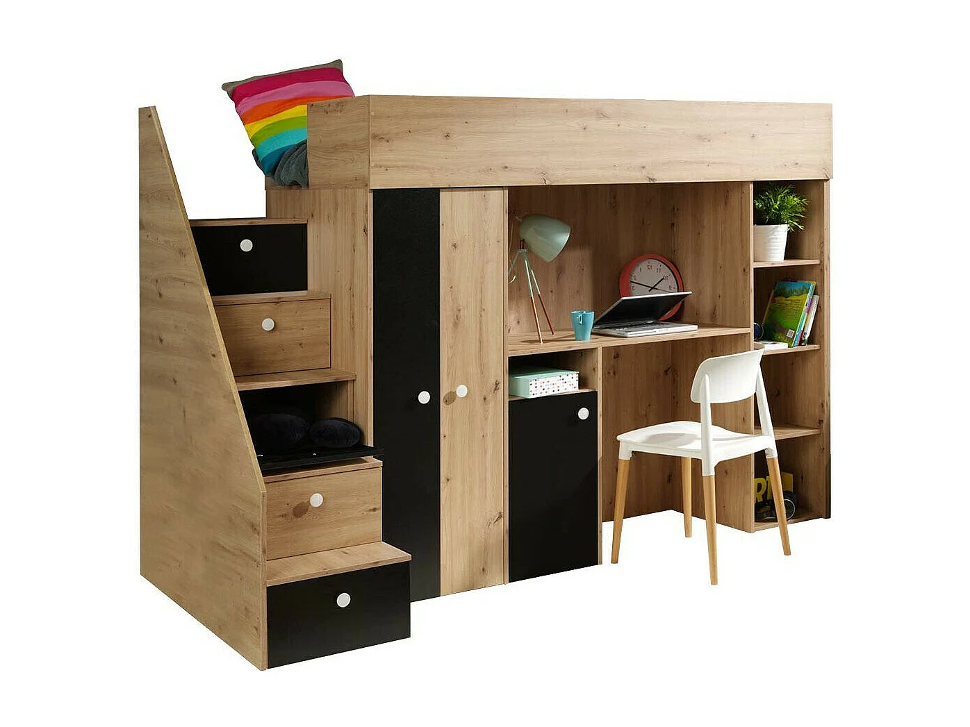 Lit haut Hartford 362, Unique, Brun clair, 90x200, Stratifié, Sommier à lattes, 125x247cm