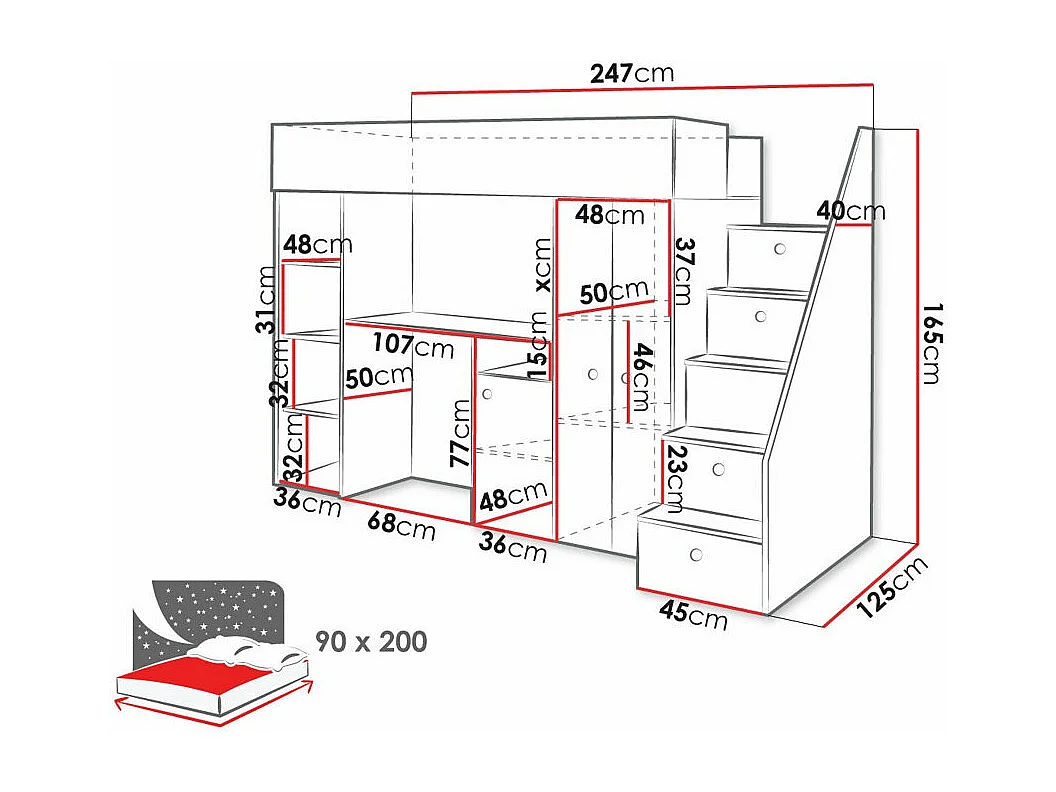 Lit haut Hartford 362, Unique, Brun clair, 90x200, Stratifié, Sommier à lattes, 125x247cm