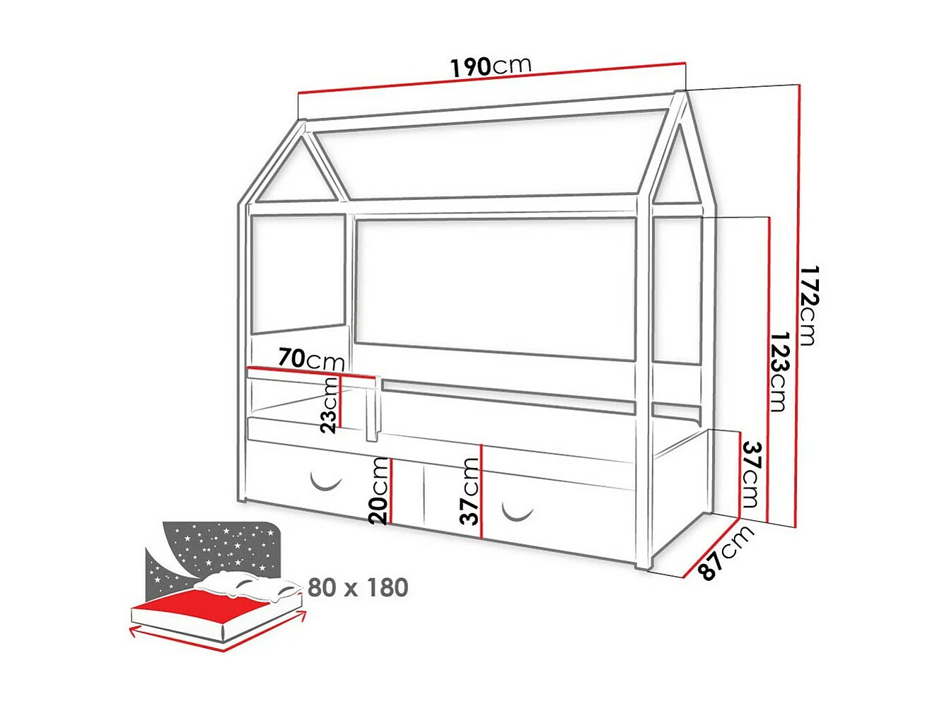 Cama Henderson 132, Individuales, Gris, 80x180, Madera, Somieres, 80x190x172cm