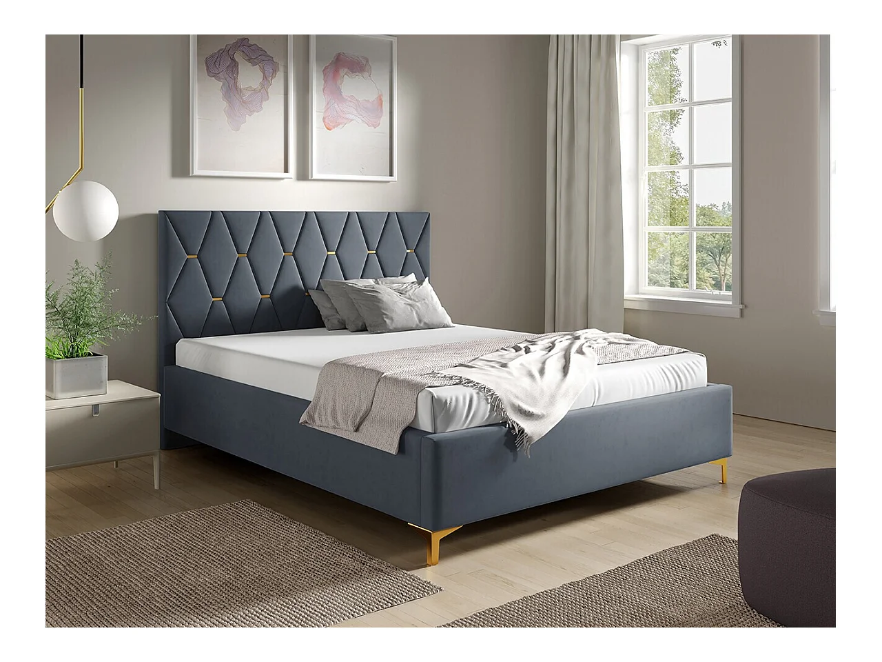 Cama Baltimore 192, Doble, Gris, 160x200, Tapiz, Somieres, 178x222x122cm